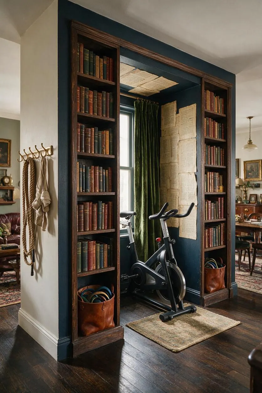 A moody home gym nook framed by dark wood built-in bookshelves filled with vintage books. An exercise bike sits in the center beneath a window with deep green curtains, with leather storage baskets and antique-style decor adding a scholarly, old-world feel.