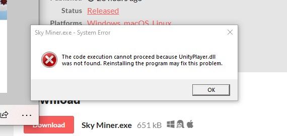 A system error message indicating a missing DLL file during the execution of a program.