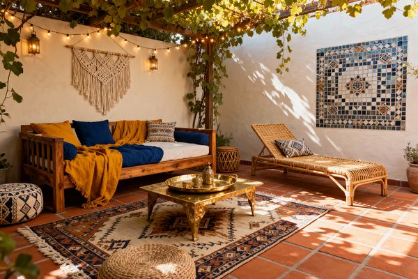 A vine-covered pergola with string lights shelters a white-stucco patio floored in terracotta tile. A solid wood daybed with a white cushion is layered with ochre and deep blue pillows and throw, facing a low hammered-brass table on a fringed kilim-style rug; to the right sits a woven rattan chaise with patterned pillows, while a macramé wall hanging, metal lanterns, woven pouf, jute stool, potted plants, and a blue geometric mosaic complete the space.