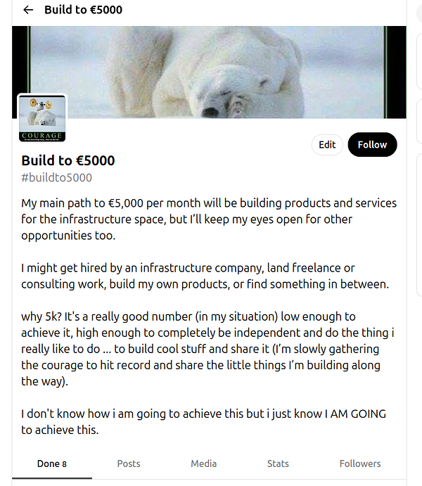A hand-written note with a plan to achieve €5,000 Monthly Recurring Revenue by building a venture incrementally.