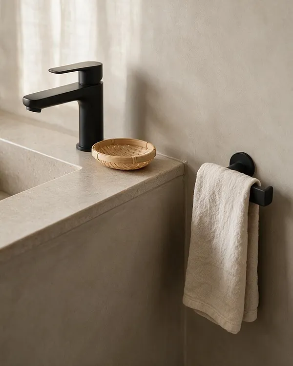 A serene bathroom sink area with a matte black faucet set into a pale stone countertop, a small woven bamboo dish beside it, and a cream towel hanging from a black wall hook. Soft natural light and warm neutral walls create a calm Japandi atmosphere.