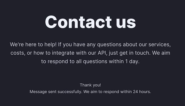 The image displays a contact message interface for an API service.