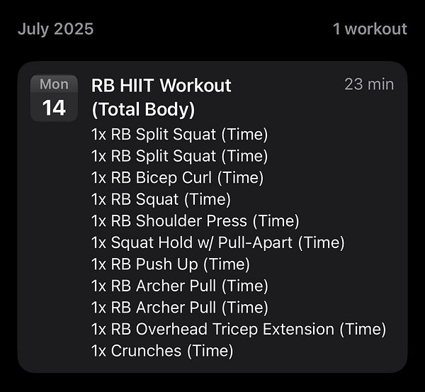 A detailed workout plan for a total body HIIT session scheduled for July 14, 2025.