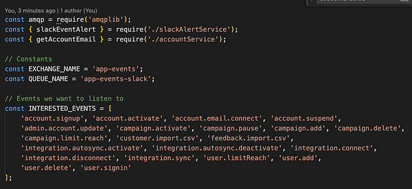 A code snippet for sending app events to a Slack channel.