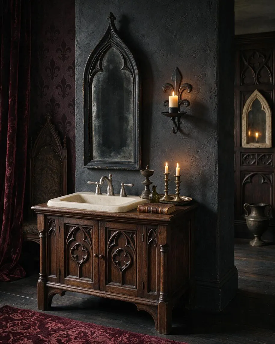 A dark Gothic-style bathroom vignette features a carved wooden vanity with an inset cream stone sink, an arched mirror, and candlelight against charcoal walls. Burgundy drapery, ornate wall sconces, and pointed arch details reinforce the dramatic medieval atmosphere.