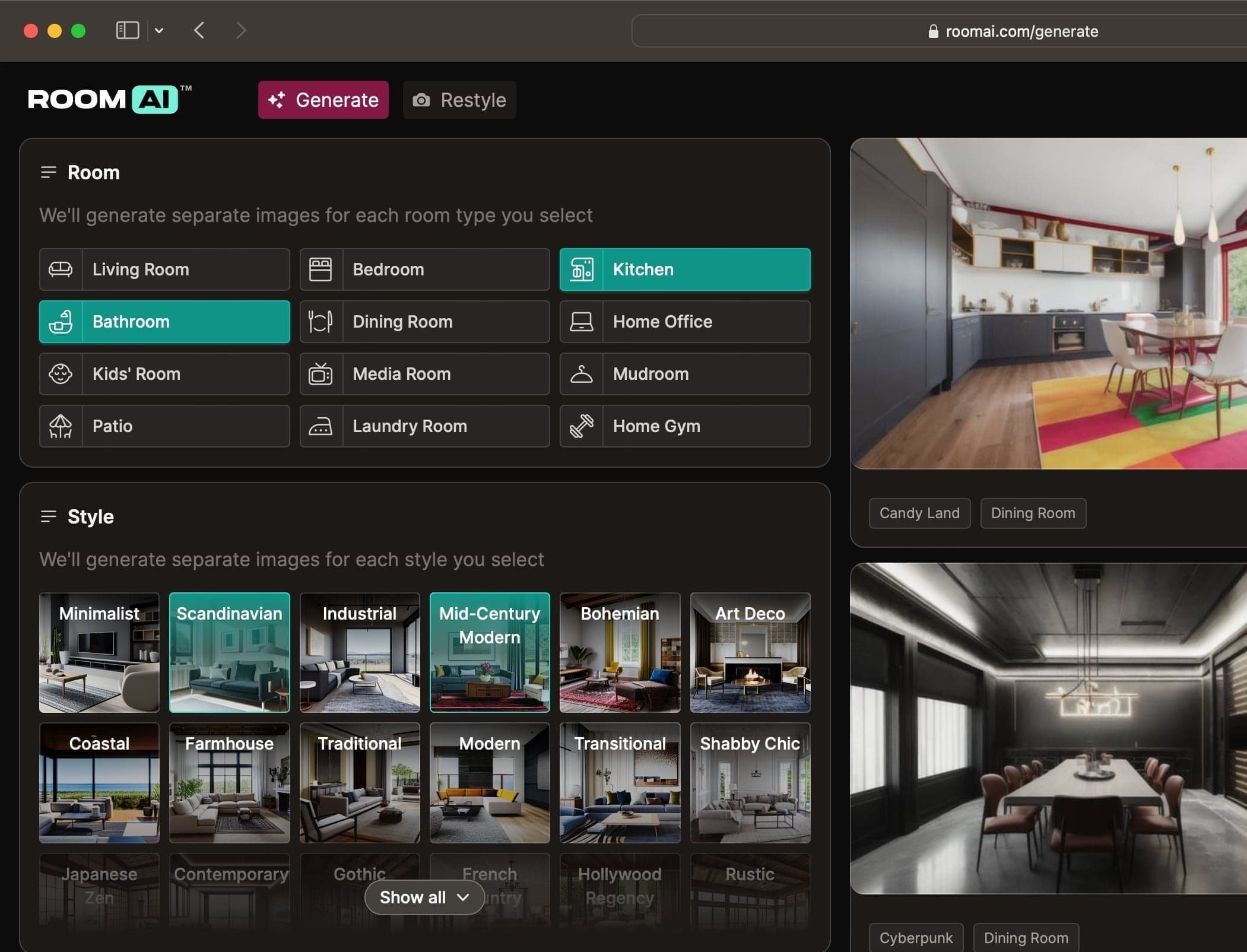 Screenshot of Room AI interface