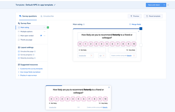 The image displays a user interface for creating an in-app survey using the Retently platform.