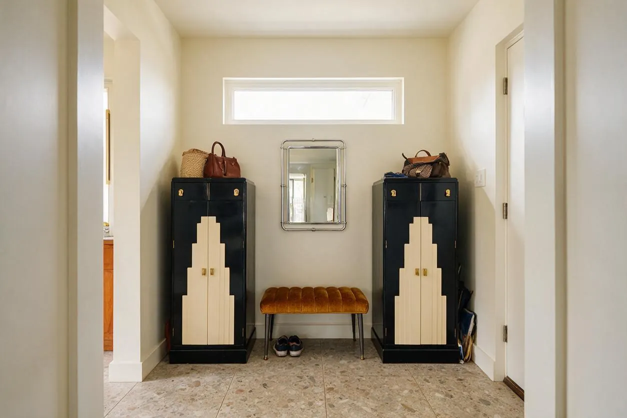 A narrow entryway with cream walls and a high transom window centered above a small mirrored wall piece. Two black cabinets with stepped cream Art Deco inlays flank a rust-gold tufted bench, while terrazzo-style flooring and a few bags and shoes complete the functional space.