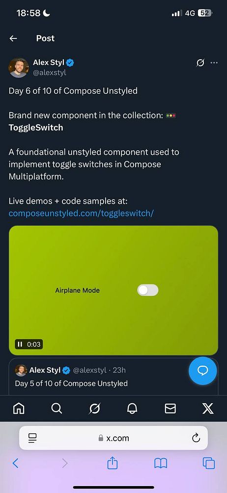 The image features a social media post announcing a new Toggle Switch component for Compose Unstyled.
