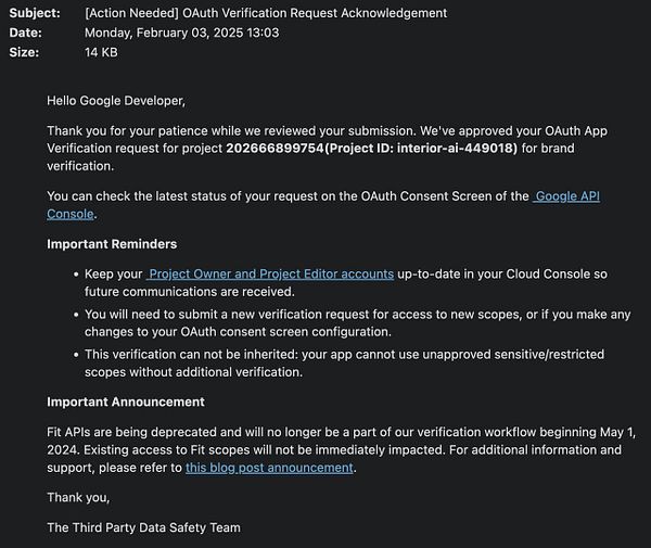 The image displays an email regarding OAuth verification for a project.