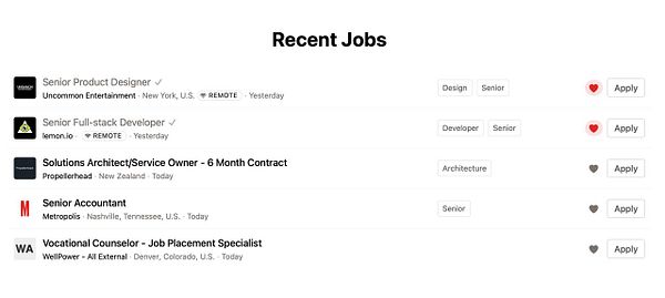 A job listing interface displaying recent job opportunities.