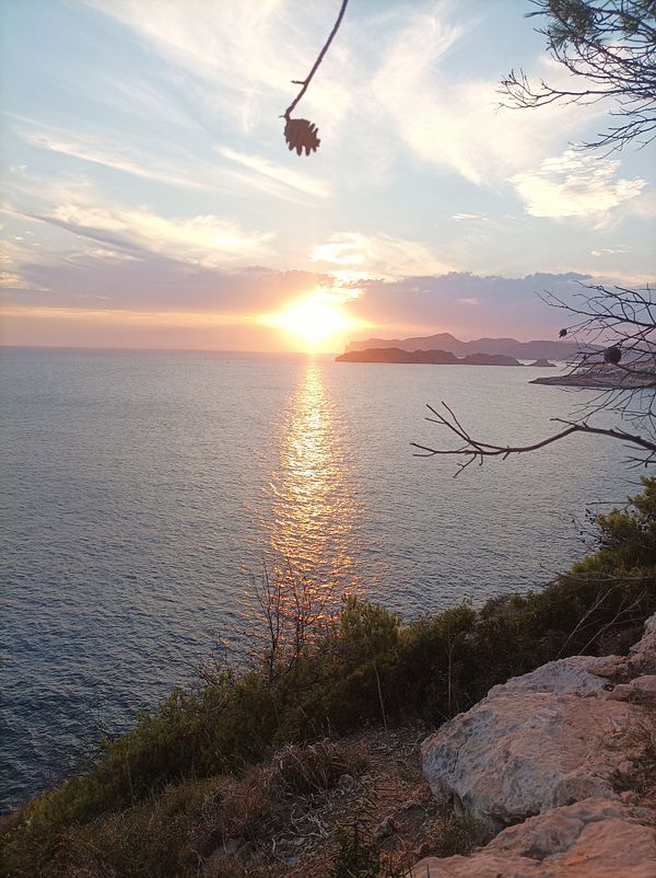 A stunning sunset over the ocean, framed by rocky terrain and vegetation.
