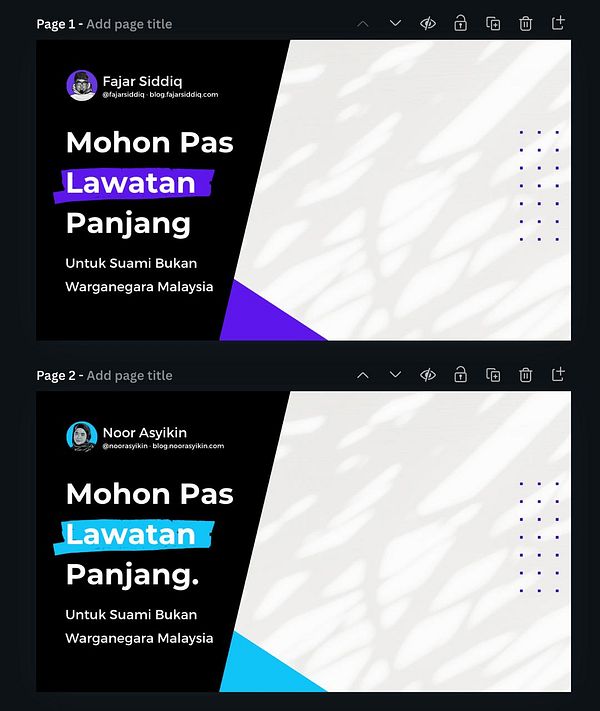 The image features two blog thumbnail designs for Fajar Siddiq and Noor Asyikin, showcasing a modern and colorful aesthetic.