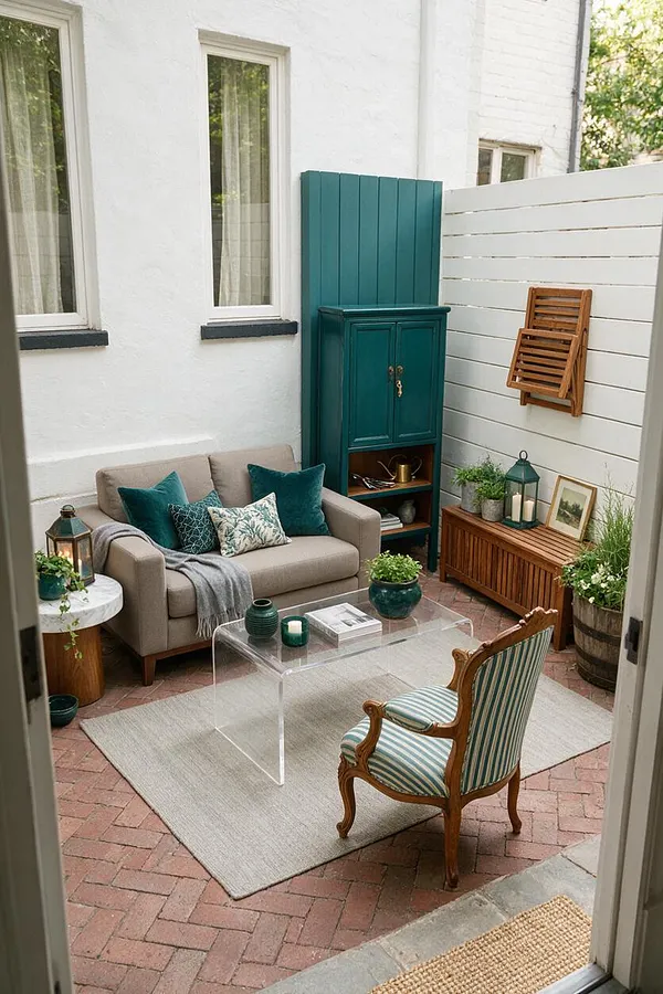 A small backyard courtyard styled with eclectic outdoor seating, including a beige sofa with teal pillows, a clear acrylic coffee table, and a striped vintage chair. Teal-painted furniture, white walls, brick paving, and potted greenery create a layered, inviting atmosphere.