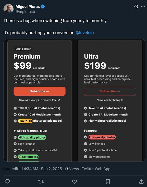 The image displays a comparison of two subscription plans for a service, highlighting a pricing bug related to switching from yearly to monthly billing.