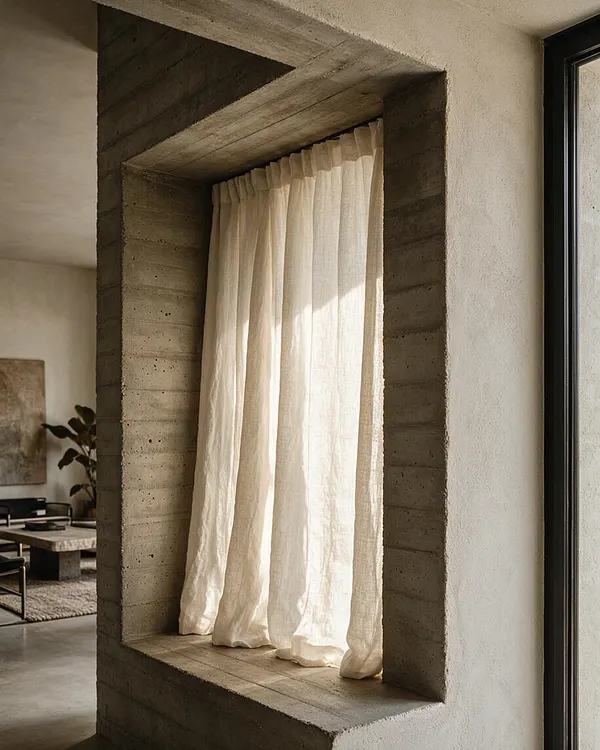 A Brutalist interior detail featuring a deep raw concrete window niche framed by textured plaster walls. Soft ivory sheer curtains hang within the opening, filtering daylight and contrasting with the heavy, monolithic structure.