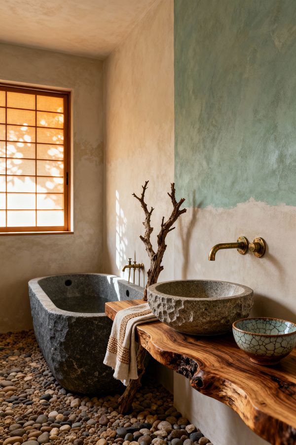 A serene bathroom features a rough-hewn stone soaking tub and a round chiseled stone vessel sink set on a live-edge wood counter above a river-pebble floor. Warm light filters through a shoji-style window onto limewashed plaster walls in warm beige with a soft sage panel, while patinated brass wall-mounted faucets, a linen towel, a dried branch, and a crackle-glazed bowl complete the understated Wabi-Sabi aesthetic.