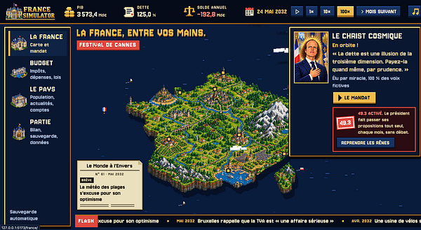 Screenshot of the France Simulator game interface displaying a pixel-art map of France, economic indicators, and political information as of May 24, 2032.