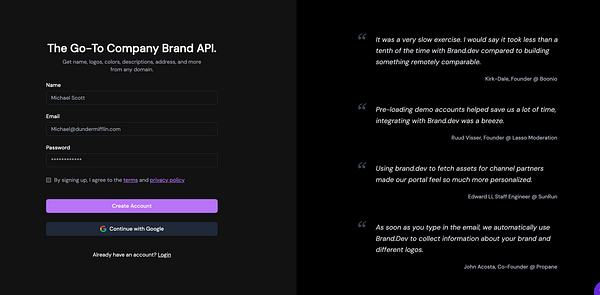 The image displays a user registration interface for a brand API service along with customer testimonials.