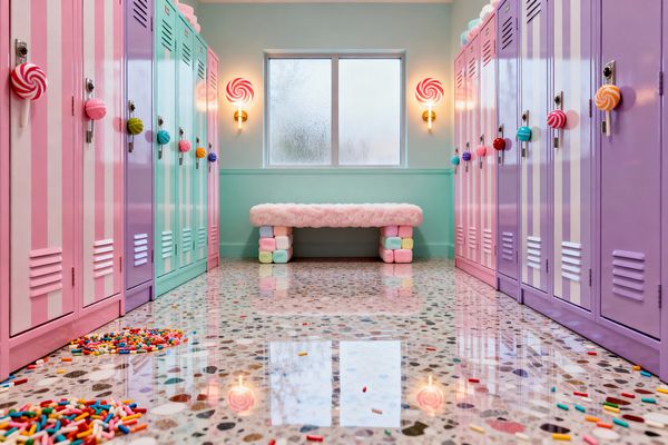 A whimsical mudroom is lined with glossy pastel metal lockers in pink, mint, lavender, and aqua, many striped, each fitted with oversized candy-like knobs. At the end, a frosted window sits between two brass lollipop sconces. A plush bench with a pink faux-fur seat rests on chunky pastel marshmallow block legs. The high-gloss terrazzo floor reflects the colors and is dotted with scattered candy sprinkles. Mint walls with a mid-height rail complete the playful look.