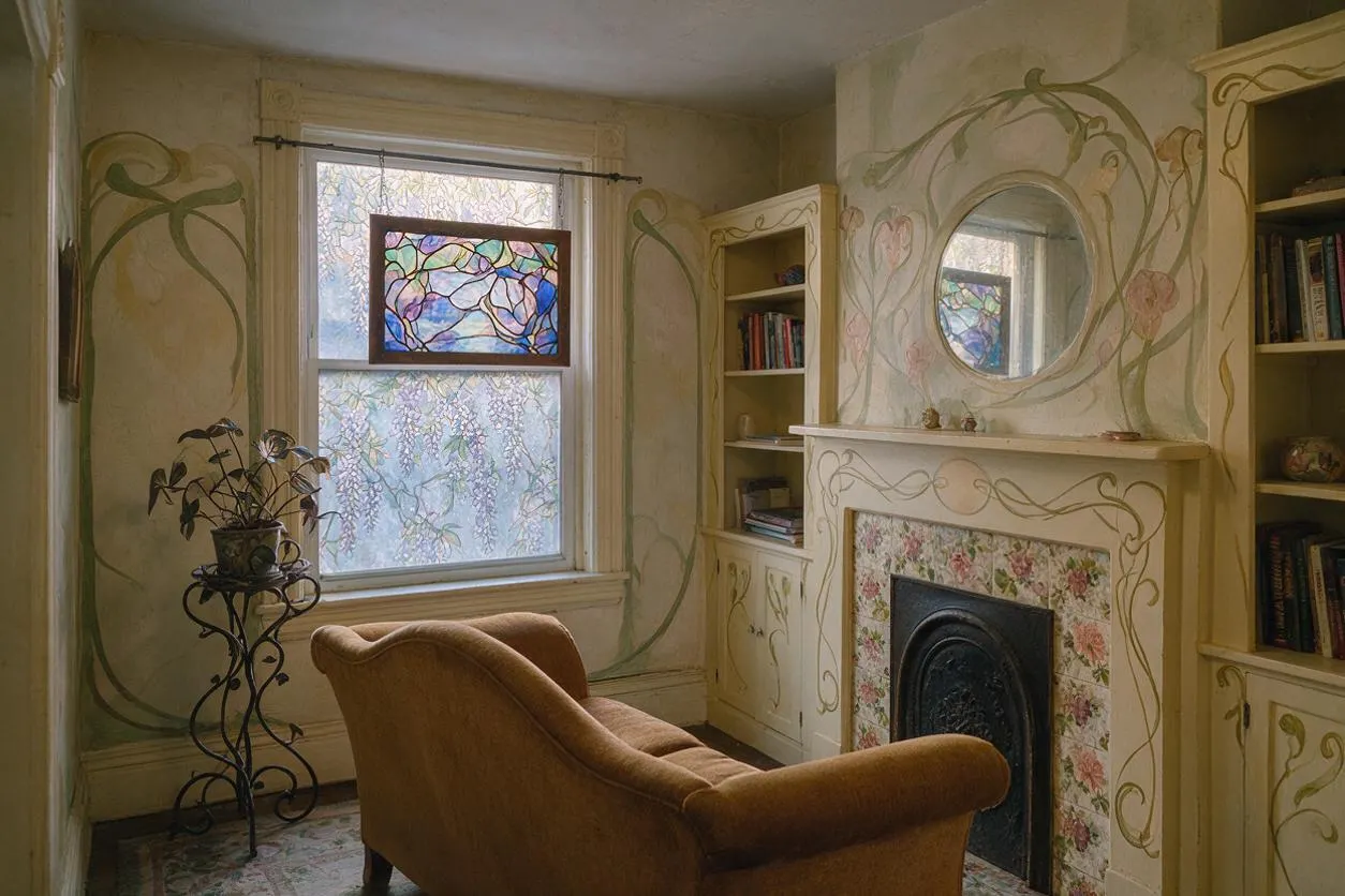 A cozy Art Nouveau living room with hand-painted walls, flowing vine motifs, and built-in shelving framing a floral fireplace. A mustard velvet settee sits by a window with frosted and stained glass, while an oval mirror and soft cream trim enhance the ornate, organic feel.