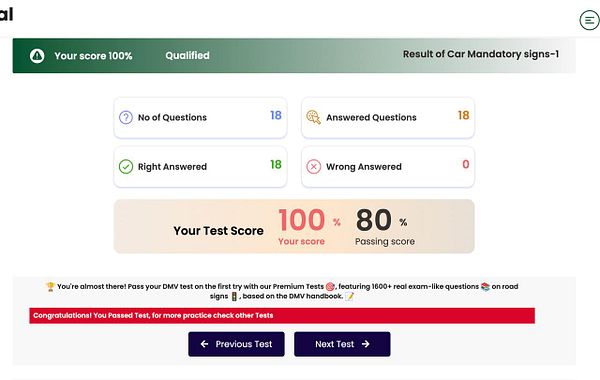 The image displays the results of a driving test focused on car mandatory signs.