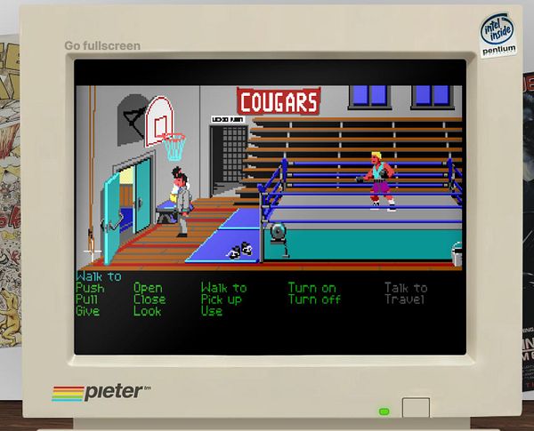 The image displays a retro computer screen showing a scene from a video game featuring a gym environment.
