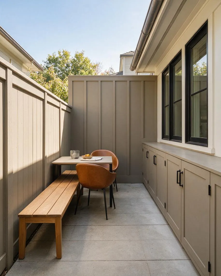 A narrow backyard patio features taupe paneled privacy walls, a built-in storage run beneath black-framed windows, and a simple dining setup with a light table, tan chairs, and a long wooden bench. Large concrete pavers and warm neutral finishes create a clean, modern transitional outdoor space.
