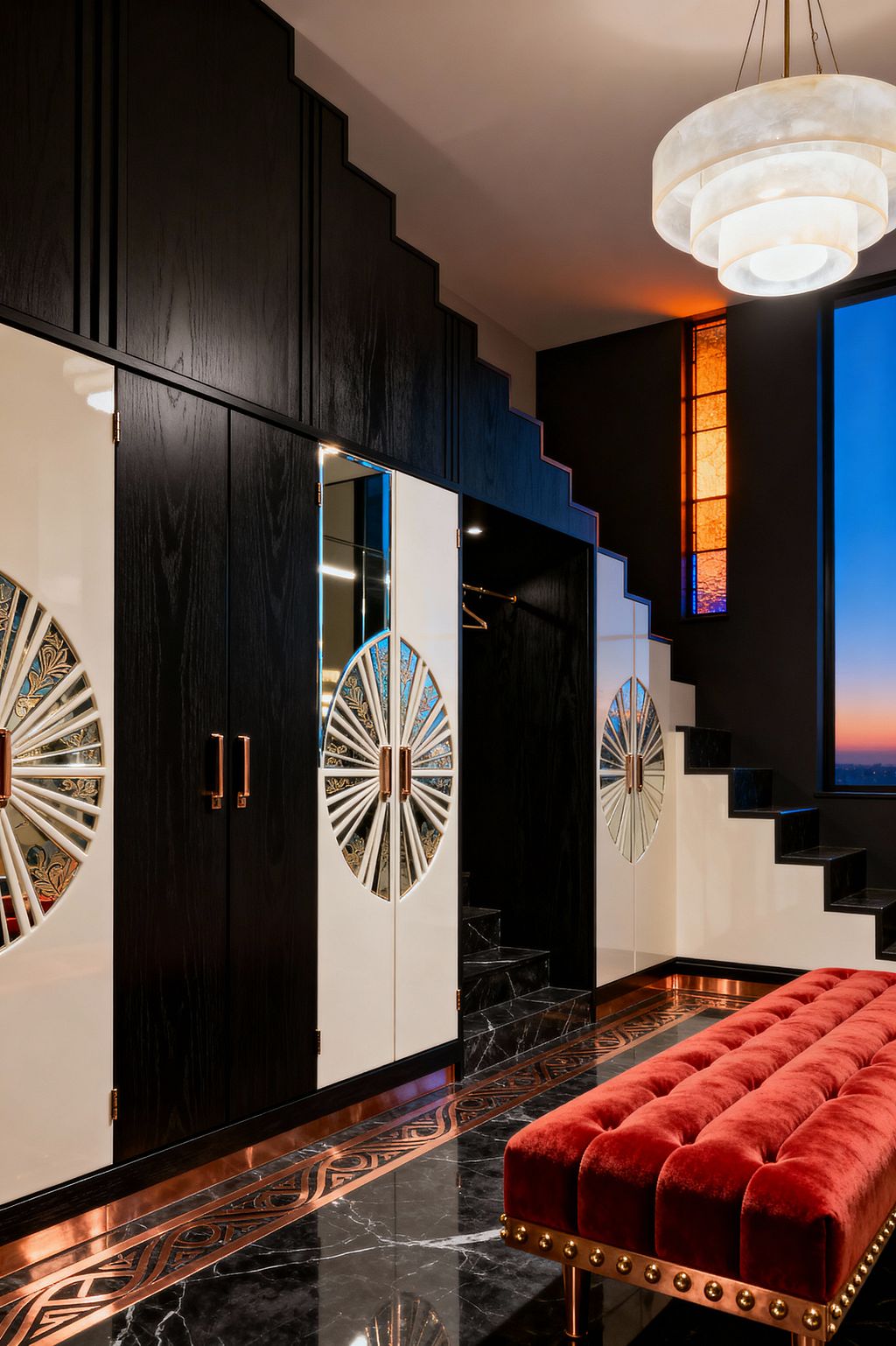 A luxurious Art Deco mudroom features black, stair-stepped cabinetry paired with glossy ivory doors inset with mirrored sunburst motifs. A polished black marble floor with copper inlay borders a tufted red velvet bench with brass studs. A tiered alabaster pendant hangs above, while a vertical stained-glass panel in amber and cobalt glows beside black stone steps, with evening sky visible through a tall window.