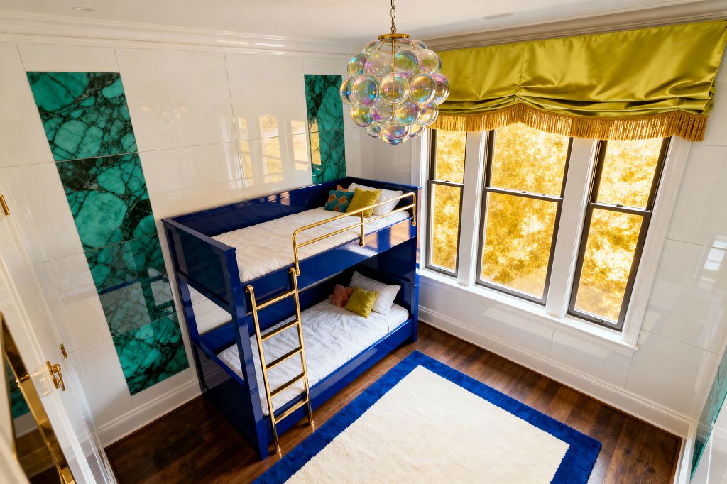 A kids’ room in Hollywood Regency style features a glossy cobalt blue bunk bed with polished brass ladder and rails against white walls inset with emerald malachite panels, lit by an iridescent bubble-glass chandelier. Tall windows with chartreuse satin valance and gold fringe overlook dark hardwood floors and an ivory rug framed by a royal-blue border.