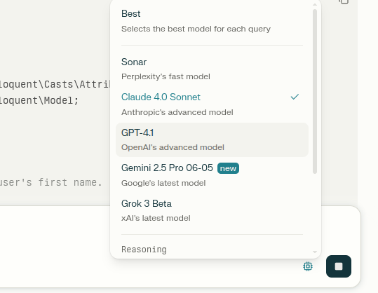 The image displays a dropdown menu for selecting AI models within a user interface.