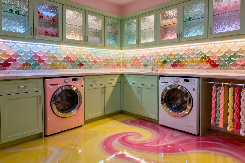A whimsical laundry room features mint-green shaker cabinets with a light speckled countertop and glass-front uppers with textured panes. A rainbow scalloped glass-tile backsplash glows with under-cabinet lighting above a pink washer and white dryer; the glossy epoxy floor swirls yellow and pink, a small stainless sink with a chrome faucet sits in the corner, and a rod holds twisted, taffy-like textiles to complete the Candy Land theme.