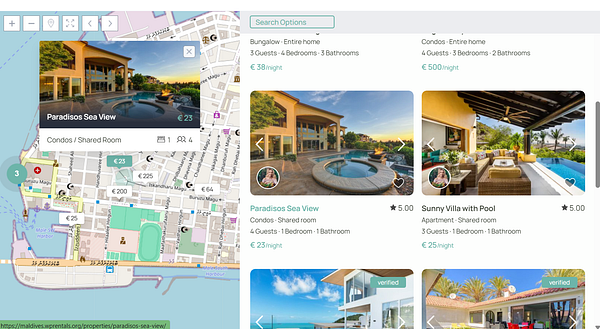 The image displays a booking website interface showcasing various accommodation options on a map.