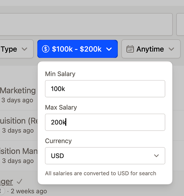 The image displays a salary filter interface for job listings.