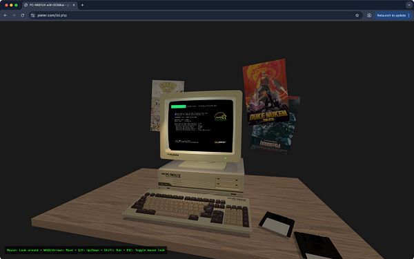 A retro computer setup featuring a vintage monitor, keyboard, and game posters in a 3D environment.