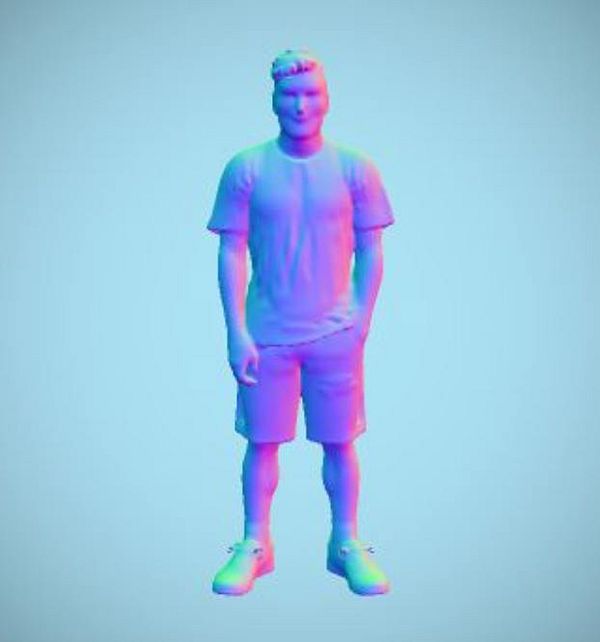 A 3D model of a standing male figure is displayed in a colorful, stylized format.