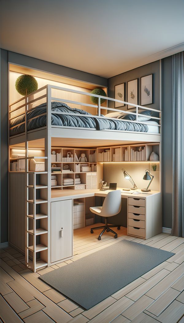 a loft bed in a small, well-organized bedroom, showcasing the space beneath used for a study area