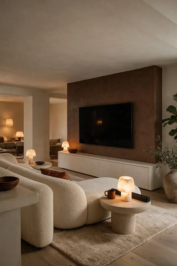 A cozy basement lounge with cream boucle seating, a large wall-mounted TV on a brown plaster accent wall, and soft table lamps creating warm ambient light. Natural textures, pale wood flooring, and neutral decor give the space an organic modern feel.