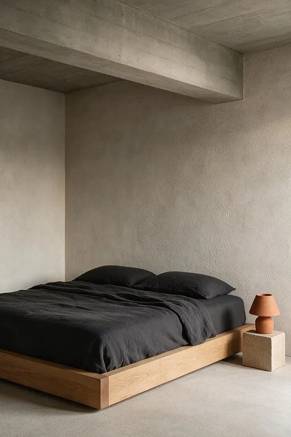A minimalist bedroom with a low oak platform bed dressed in black bedding, set against textured plaster walls and a raw concrete ceiling beam. A small terracotta table lamp sits on a cube stone side table beside the bed, creating a warm contrast.