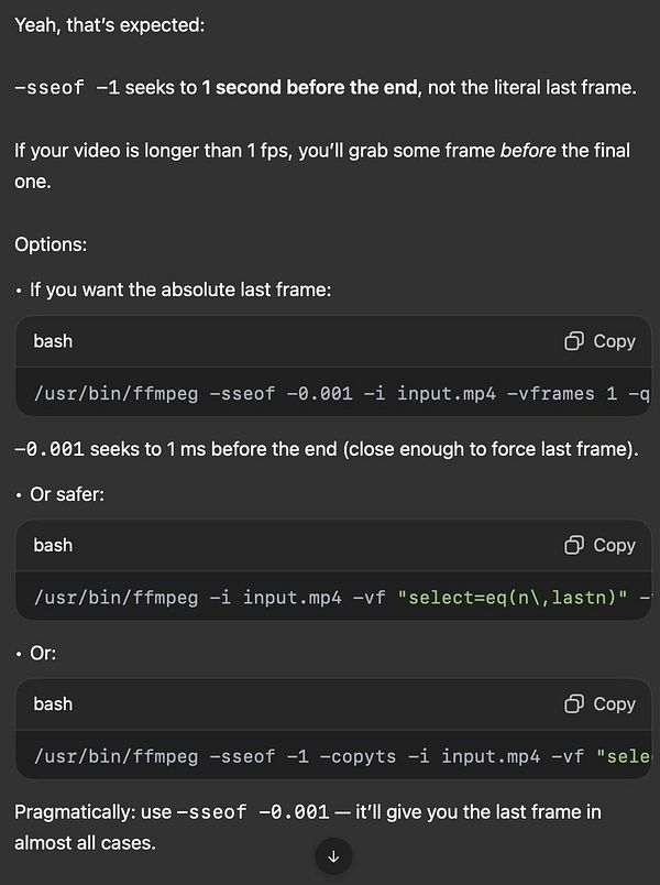 The image displays a technical discussion about video frame extraction using FFmpeg commands.