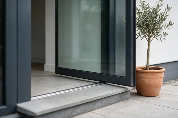 A modern exterior entryway with a black-framed glass door set into a light gray stone threshold and patio. A potted olive tree in a terracotta planter adds warmth beside the crisp white wall and dark trim.