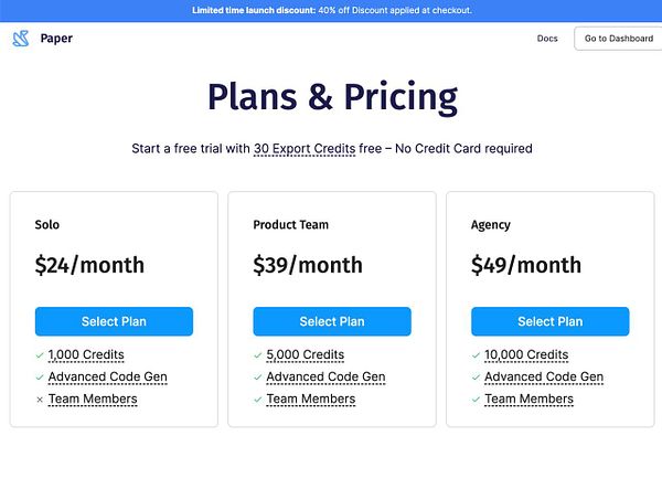 The image displays a pricing table for a service called Paper, outlining three subscription plans with their respective features and prices.