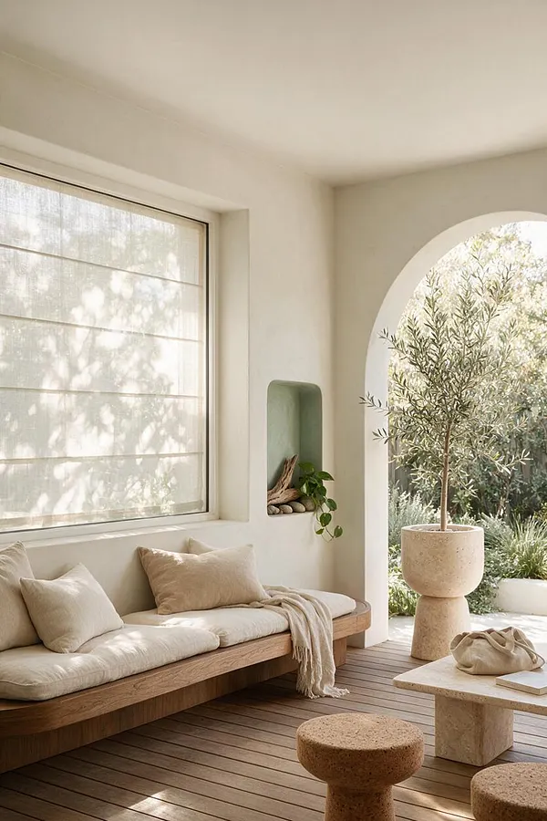A serene front porch with a built-in wooden bench topped with cream cushions and pillows, a soft throw, and a large window filtering dappled light. An arched opening frames lush greenery outside, while a potted olive tree, stone-look pedestal, and cork-like stools reinforce the natural, biophilic feel.