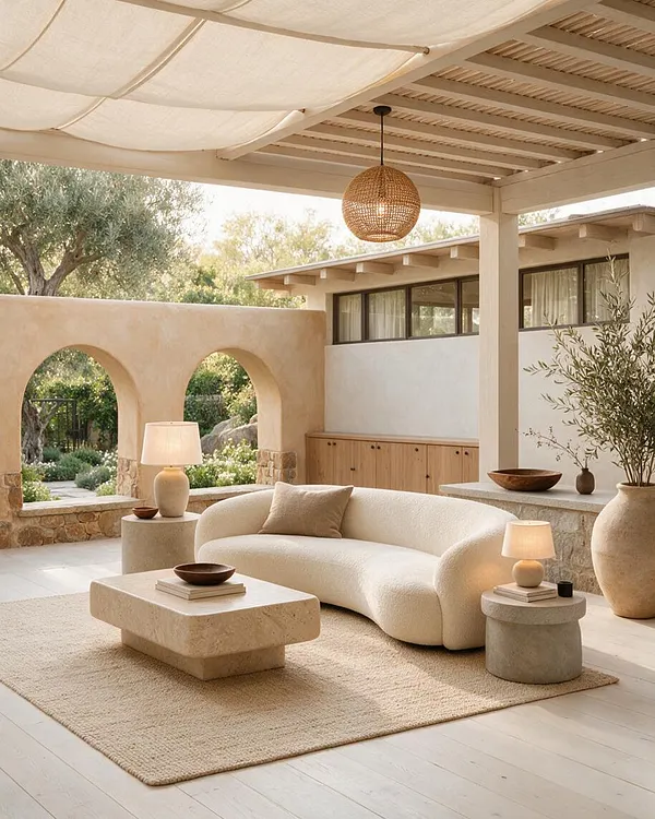 A serene organic modern backyard patio with a rounded cream sofa, stone coffee table, and small side tables on a woven rug. The space features stucco arches, a woven pendant light, pale wood cabinetry, and natural greenery beyond the open-air structure.