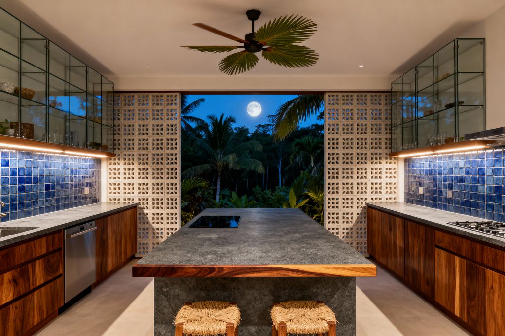 A tropical kitchen features rich wood base cabinets and gray concrete counters facing an open wall of perforated concrete breeze blocks that reveal palm trees and a full moon. Glossy blue handmade tile backsplashes, glass upper cabinets with under-cabinet lighting, a concrete-topped island with a flush cooktop and woven stools, stainless appliances, and a ceiling fan with palm-like blades create an airy, indoor–outdoor space in warm white light.