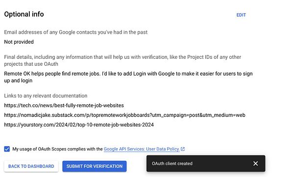 The image displays a Google OAuth client creation interface with optional information fields and relevant documentation links.