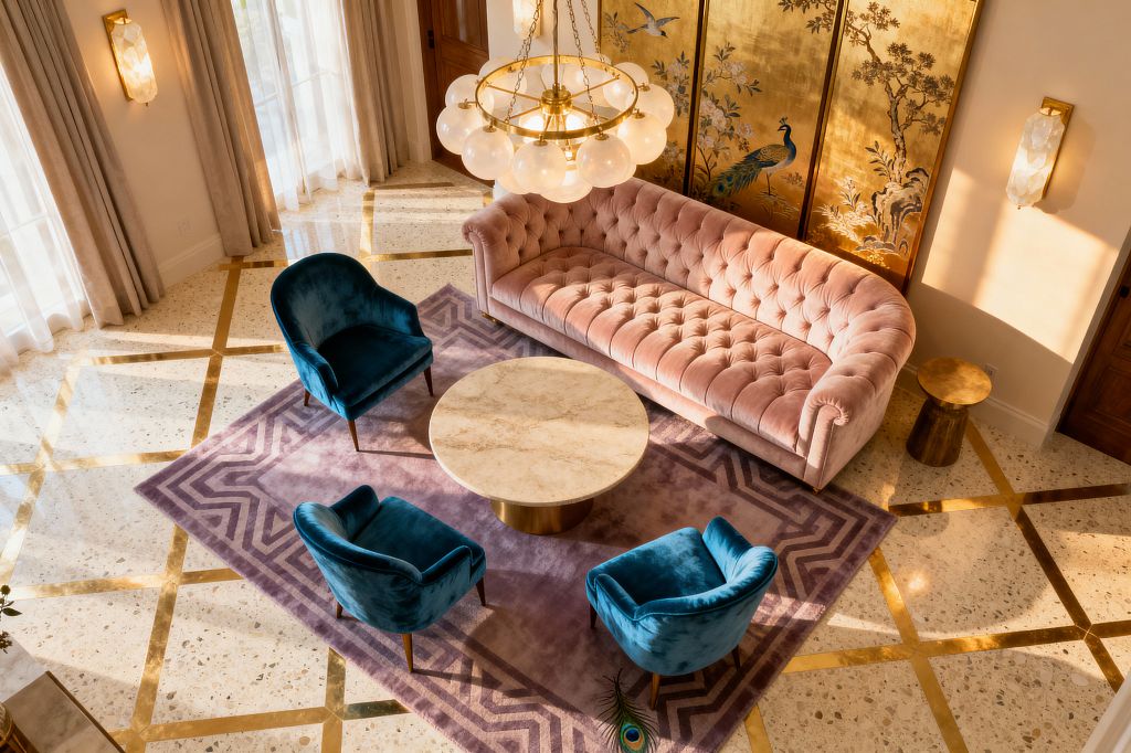 Living room seen from above with a blush pink tufted velvet sofa, three peacock-blue velvet armchairs, and a round marble-top coffee table centered on a mauve rug with a Greek-key border. Behind the sofa stands a gold-leaf chinoiserie screen; a brass chandelier with white glass globes, alabaster wall sconces, terrazzo flooring with brass inlays, and tall beige curtains complete the vintage glam setting.