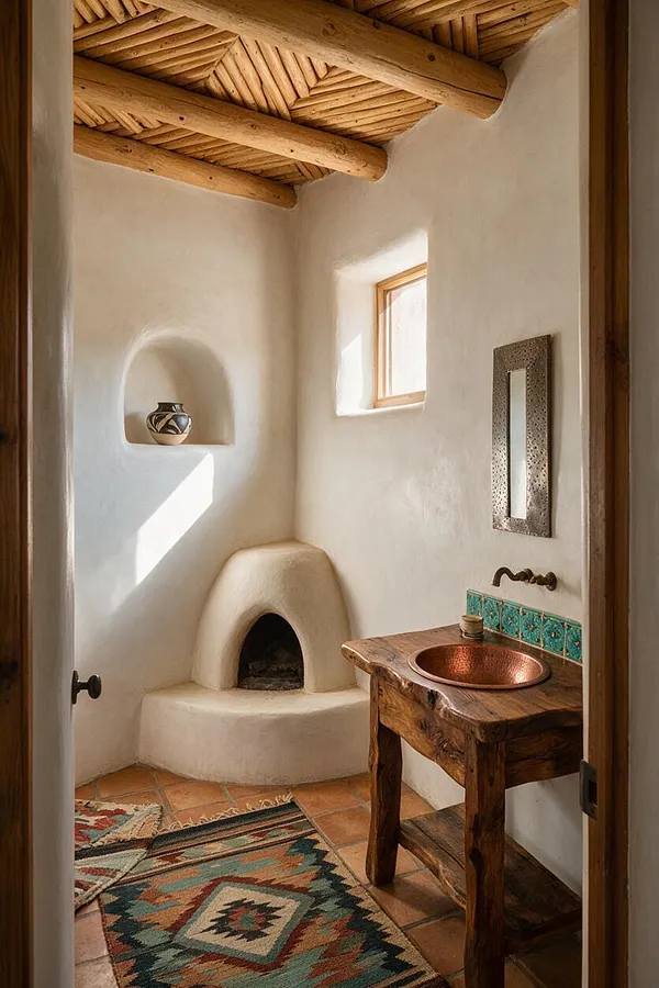 A small Southwestern-style powder room with white adobe-like walls, a beamed wood ceiling, a rounded corner fireplace, a rustic wood sink console with a copper basin, and a patterned woven rug. A small window brings in natural light, highlighting the earthy terracotta floor and handcrafted details.