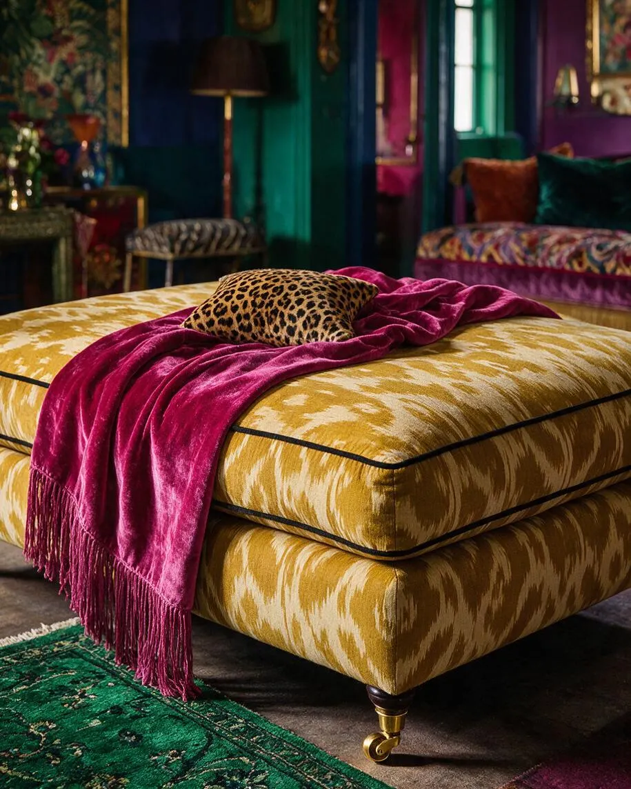 A bold maximalist interior detail featuring a large mustard-gold upholstered ottoman with a subtle abstract pattern, edged in black trim and raised on small brass casters. A magenta velvet throw with fringe is draped across the top, along with a leopard-print cushion, set against a richly layered room with jewel-toned furnishings and patterned textiles.