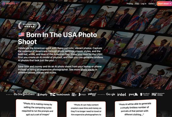 A promotional image for the 'Born in the USA' photo shoot service featuring various patriotic-themed photos.